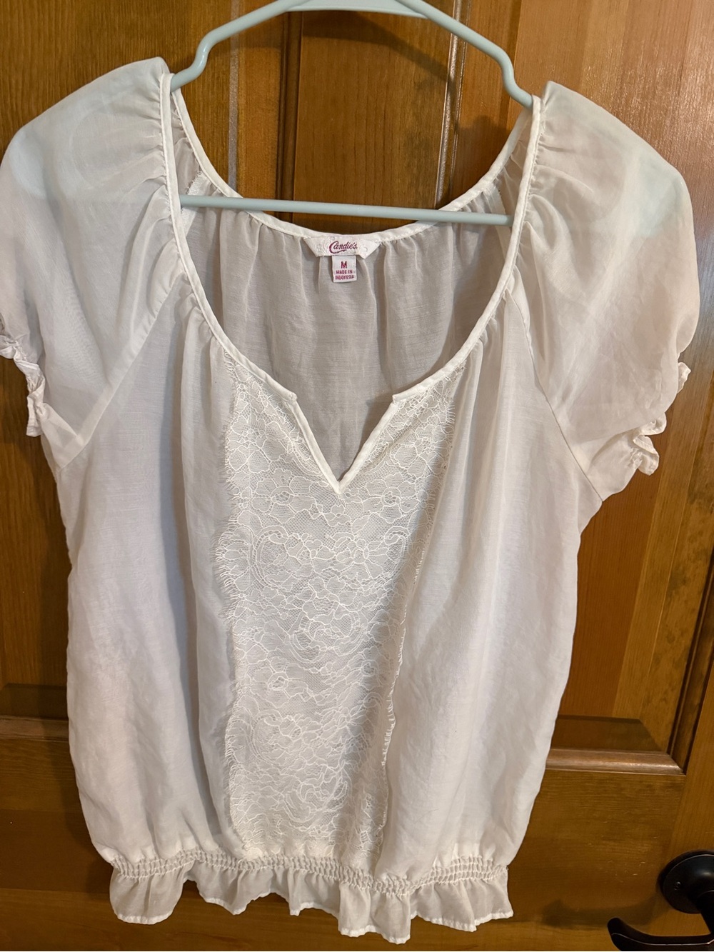 Candie’s White Lace Inset Peasant Blouse Smocked Waist Top - Size M